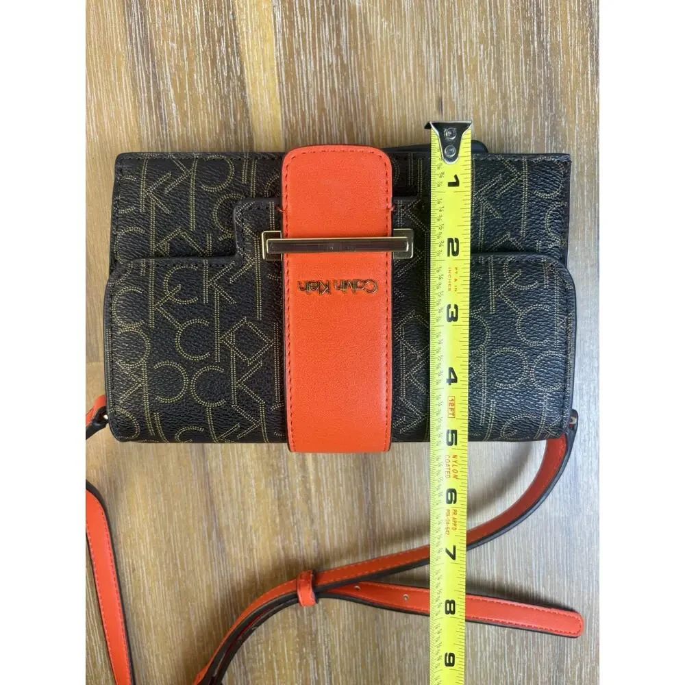 Calvin Klein Women’s Monogram Crossbody Wallet Purse Brown/Red Multi Card Slots